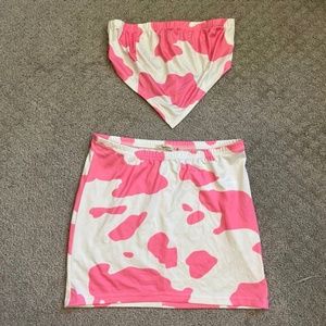Pink Cow Print Crop Top and Skirt Set